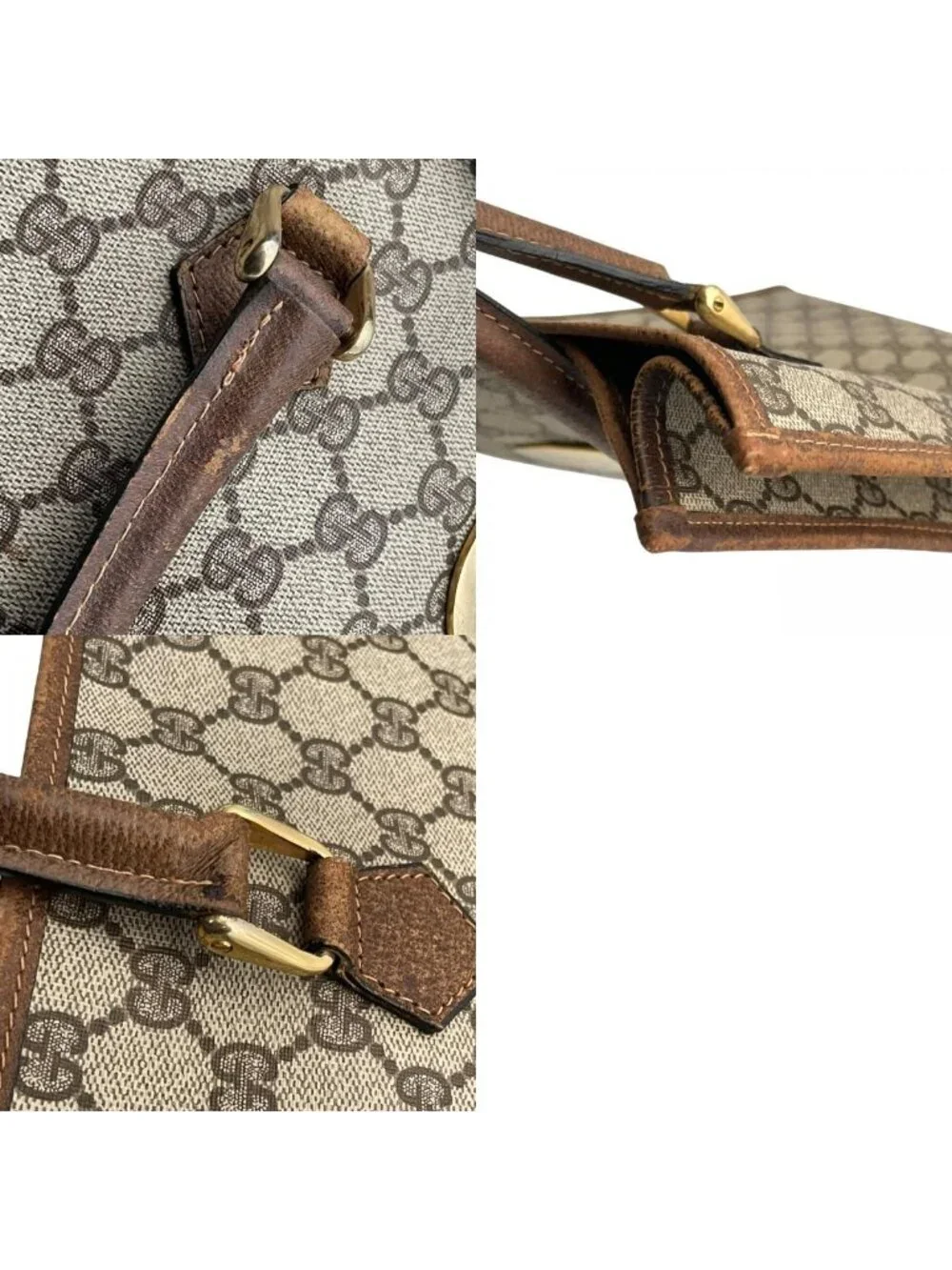 Gucci Tote Handle Vintage GG Plus Leather Gray Brown Gold Simple Business Daily